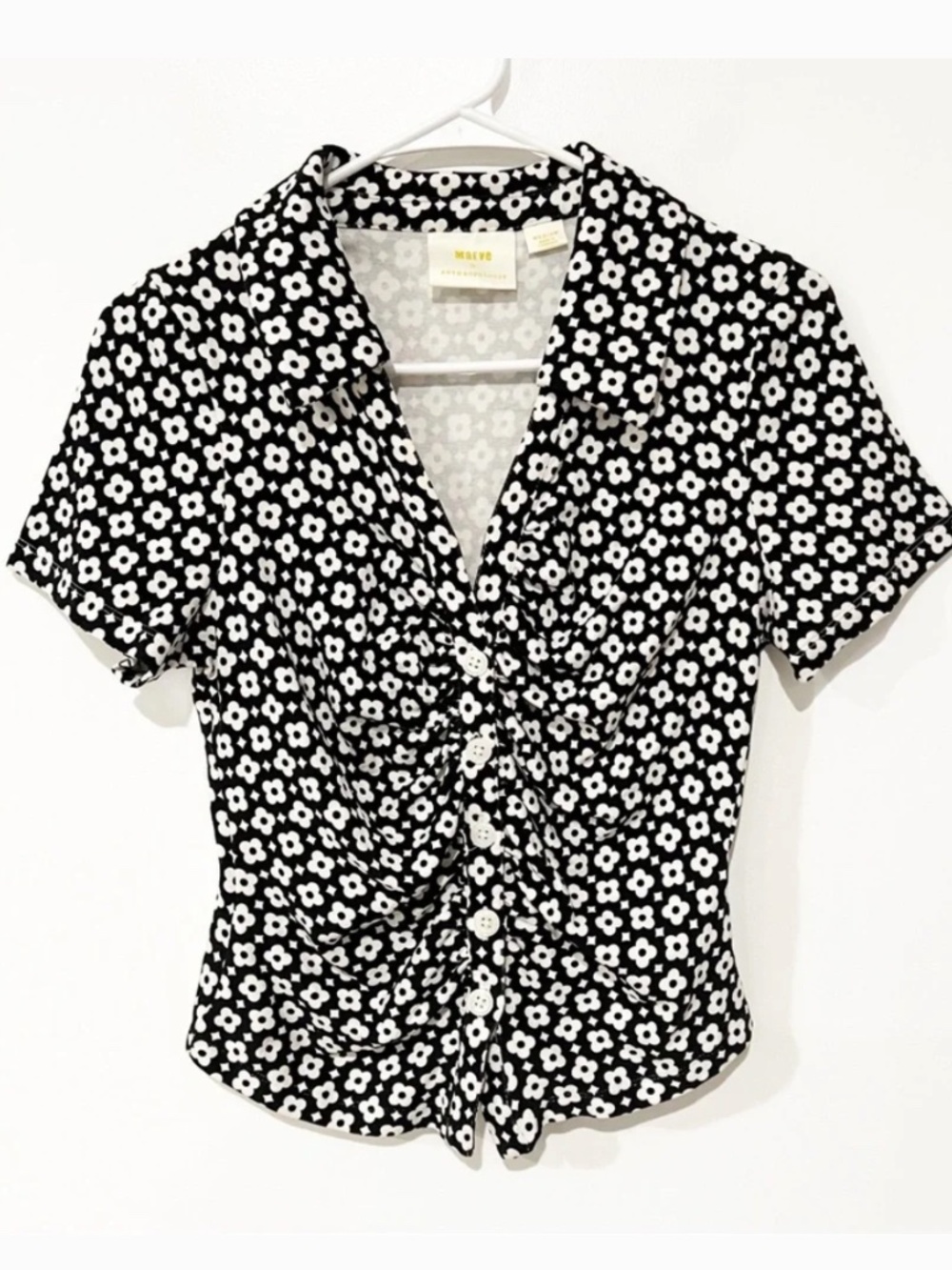 Anthropologie Maeve Ruched Collared Pop Floral Retro Knit Blouse in Black Motif